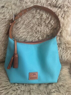 Dooney & Bourke Turquoise Pebbled Leather Shoulder Bag with Tan Trim